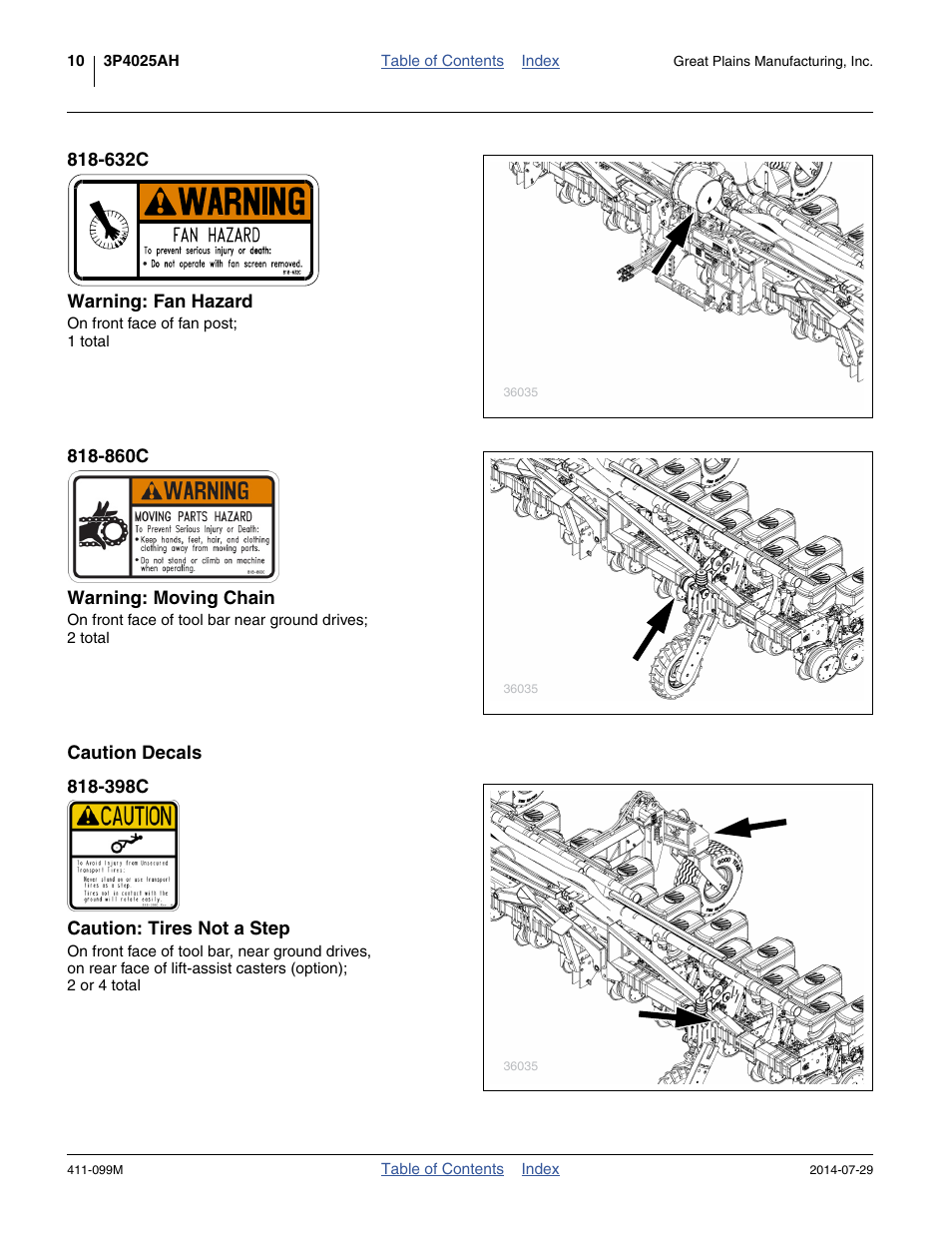 632c warning: fan hazard, 860c warning: moving chain, Caution decals | 398c caution: tires not a step | Great Plains 3P4025AH Operator Manual User Manual | Page 14 / 132