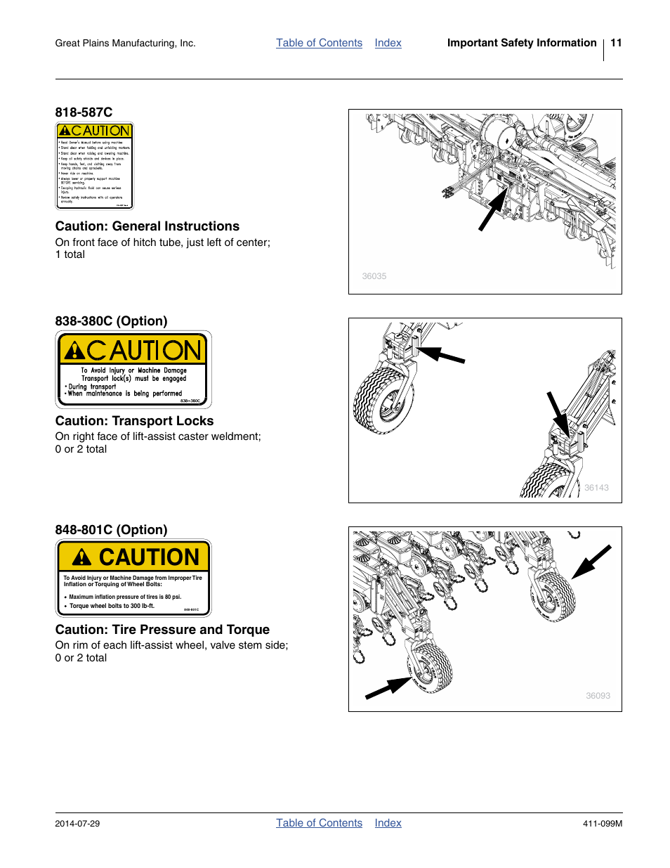 587c caution: general instructions, 380c (option) caution: transport locks, 801c (option) caution: tire pressure and torque | Caution | Great Plains 3P4025AH Operator Manual User Manual | Page 15 / 132