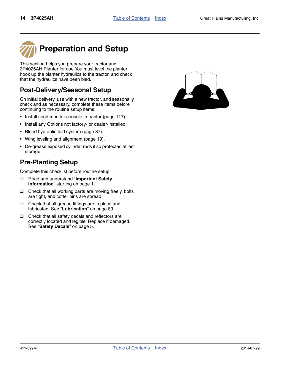 Preparation and setup, Post-delivery/seasonal setup, Pre-planting setup | Great Plains 3P4025AH Operator Manual User Manual | Page 18 / 132