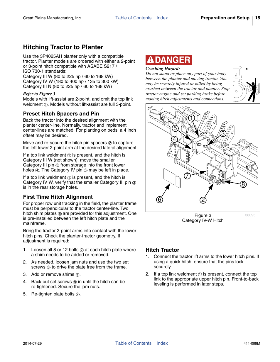 Hitching tractor to planter, Preset hitch spacers and pin, First time hitch alignment | Hitch tractor | Great Plains 3P4025AH Operator Manual User Manual | Page 19 / 132