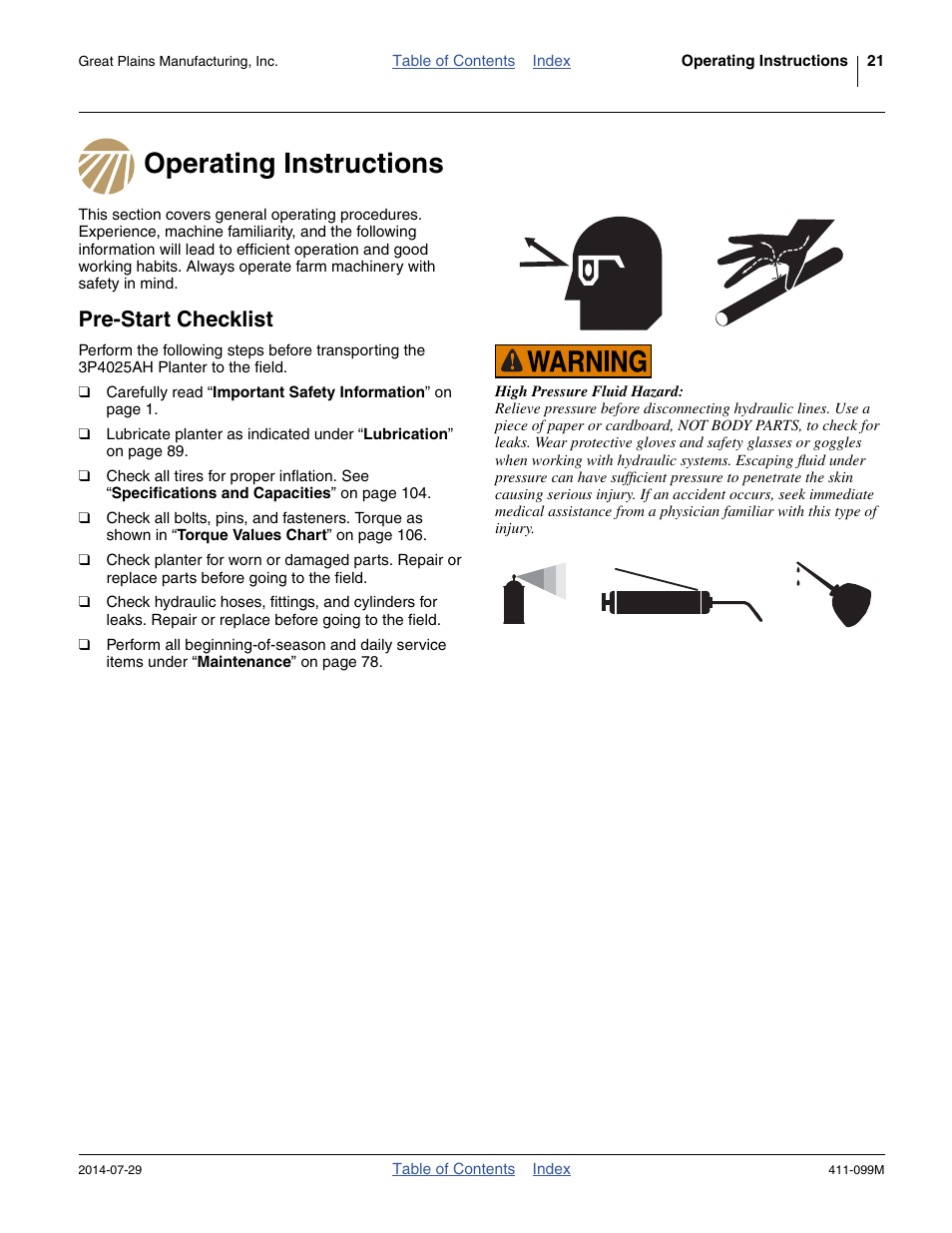 Operating instructions, Pre-start checklist, Operating instructions pre-start checklist | Great Plains 3P4025AH Operator Manual User Manual | Page 25 / 132