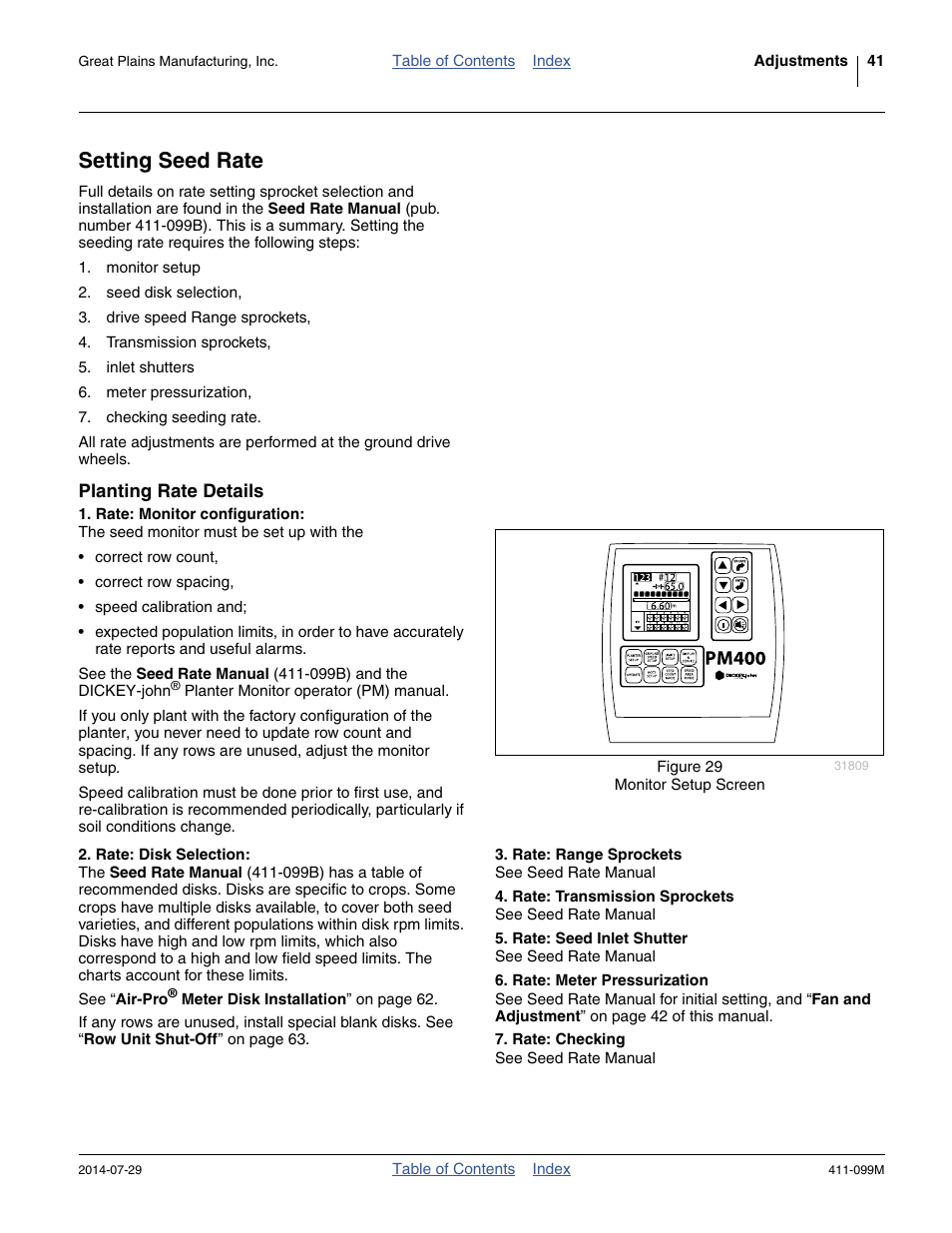 Setting seed rate, Planting rate details, Rate: monitor configuration | Rate: disk selection, Rate: range sprockets, Rate: transmission sprockets, Rate: seed inlet shutter, Rate: meter pressurization, Rate: checking | Great Plains 3P4025AH Operator Manual User Manual | Page 45 / 132