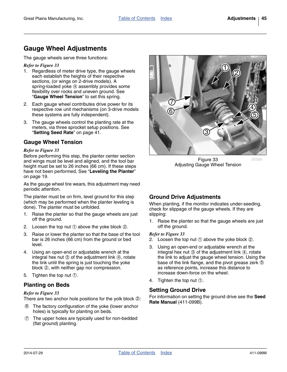Gauge wheel adjustments, Gauge wheel tension, Planting on beds | Ground drive adjustments, Setting ground drive | Great Plains 3P4025AH Operator Manual User Manual | Page 49 / 132