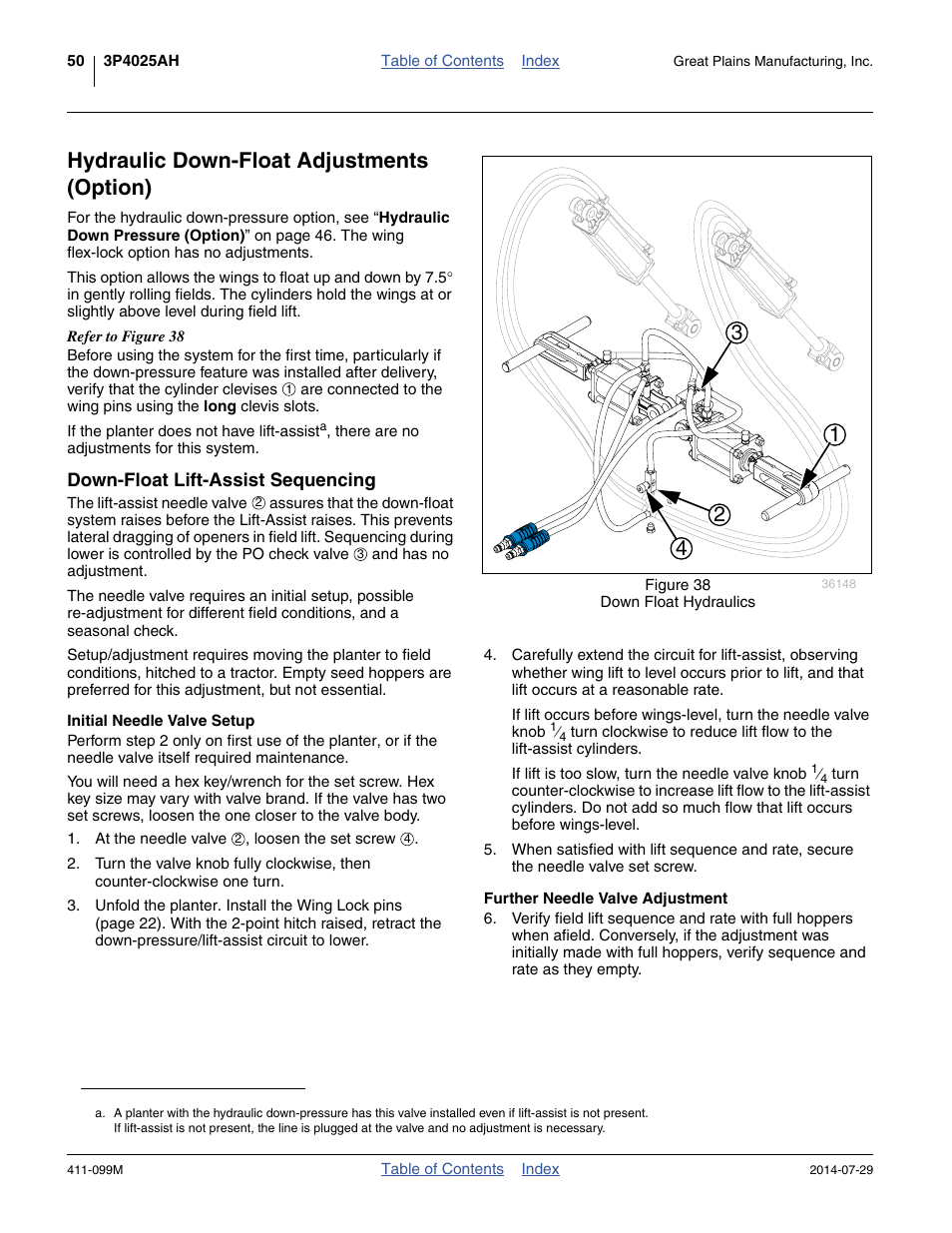 Hydraulic down-float adjustments (option), Down-float lift-assist sequencing, Initial needle valve setup | Further needle valve adjustment | Great Plains 3P4025AH Operator Manual User Manual | Page 54 / 132