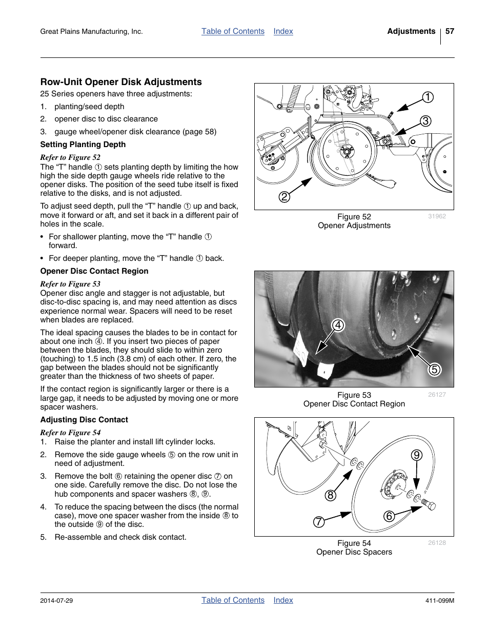 Row-unit opener disk adjustments, Setting planting depth, Opener disc contact region | Adjusting disc contact | Great Plains 3P4025AH Operator Manual User Manual | Page 61 / 132