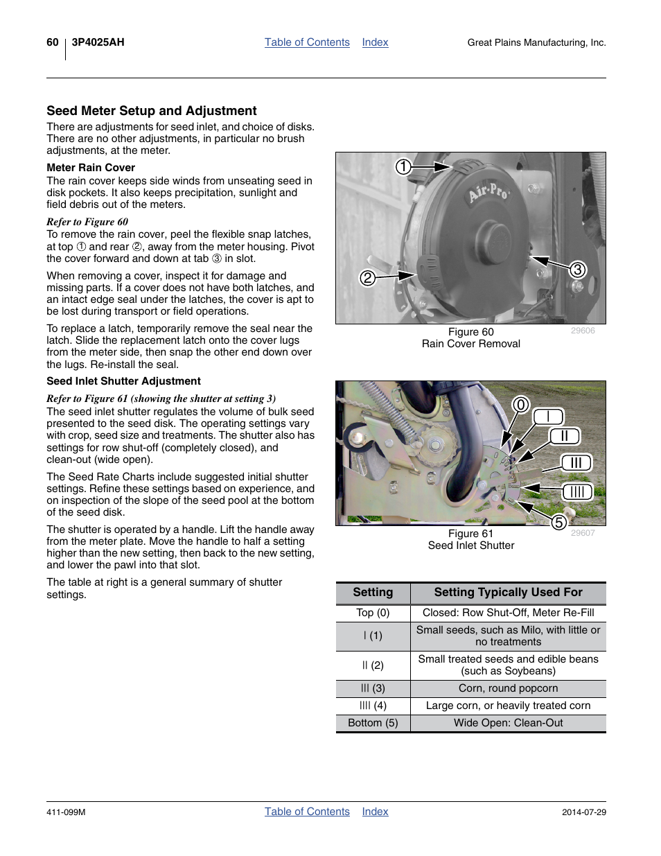 Seed meter setup and adjustment, Meter rain cover, Seed inlet shutter adjustment | 05 | ii iii | Great Plains 3P4025AH Operator Manual User Manual | Page 64 / 132