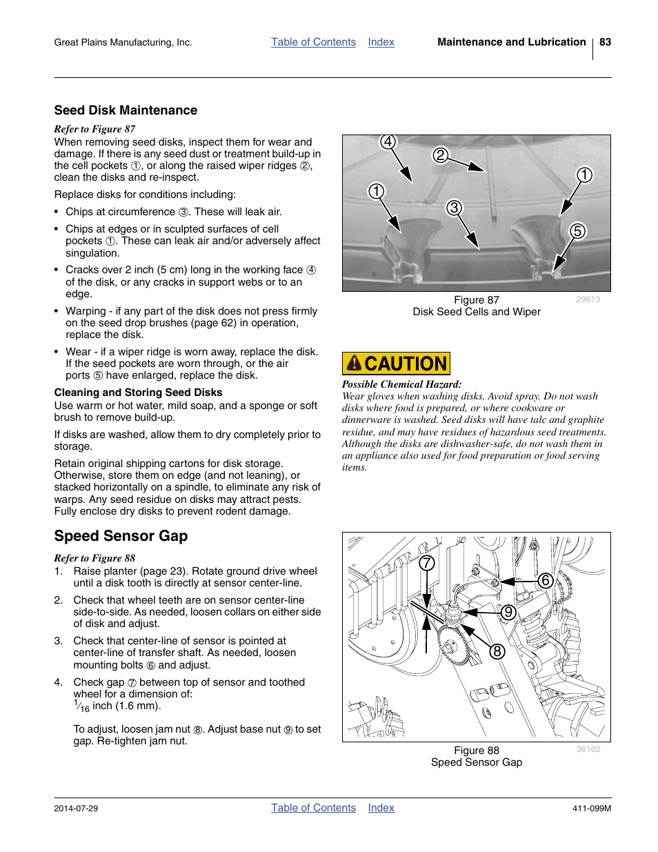 Seed disk maintenance, Cleaning and storing seed disks, Speed sensor gap | Great Plains 3P4025AH Operator Manual User Manual | Page 87 / 132