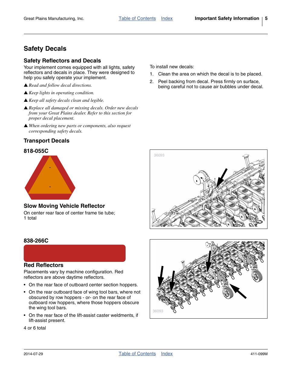 Safety decals, Safety reflectors and decals, Transport decals | 055c slow moving vehicle reflector, 266c red reflectors | Great Plains 3P4025AH Operator Manual User Manual | Page 9 / 132