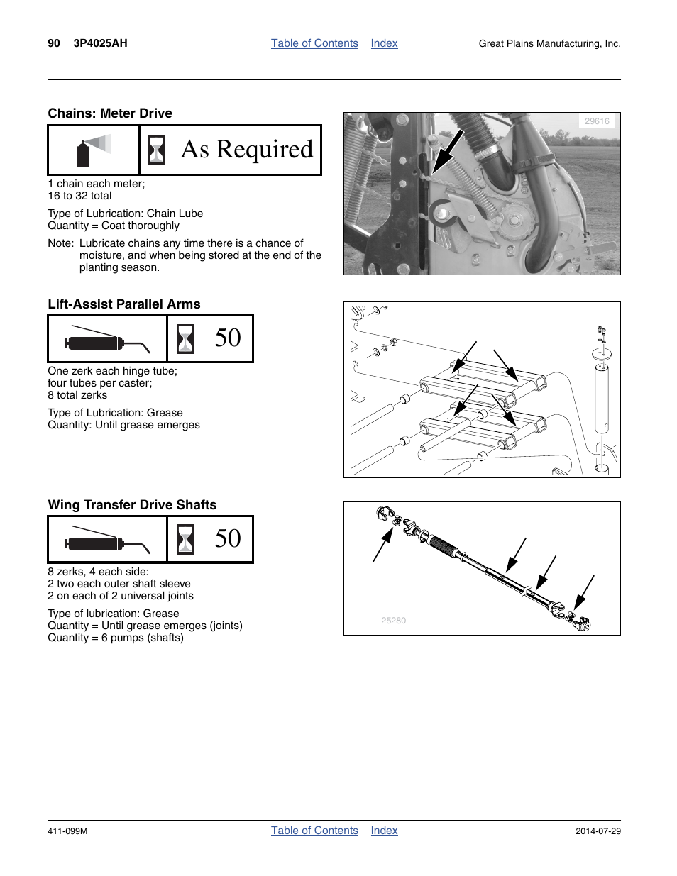 Chains: meter drive, Lift-assist parallel arms, Wing transfer drive shafts | As required | Great Plains 3P4025AH Operator Manual User Manual | Page 94 / 132