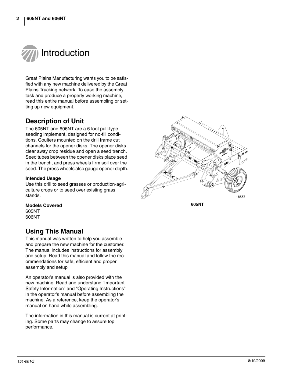 Introduction, Description of unit, Using this manual | Great Plains 606NT Predelivery Manual User Manual | Page 4 / 14