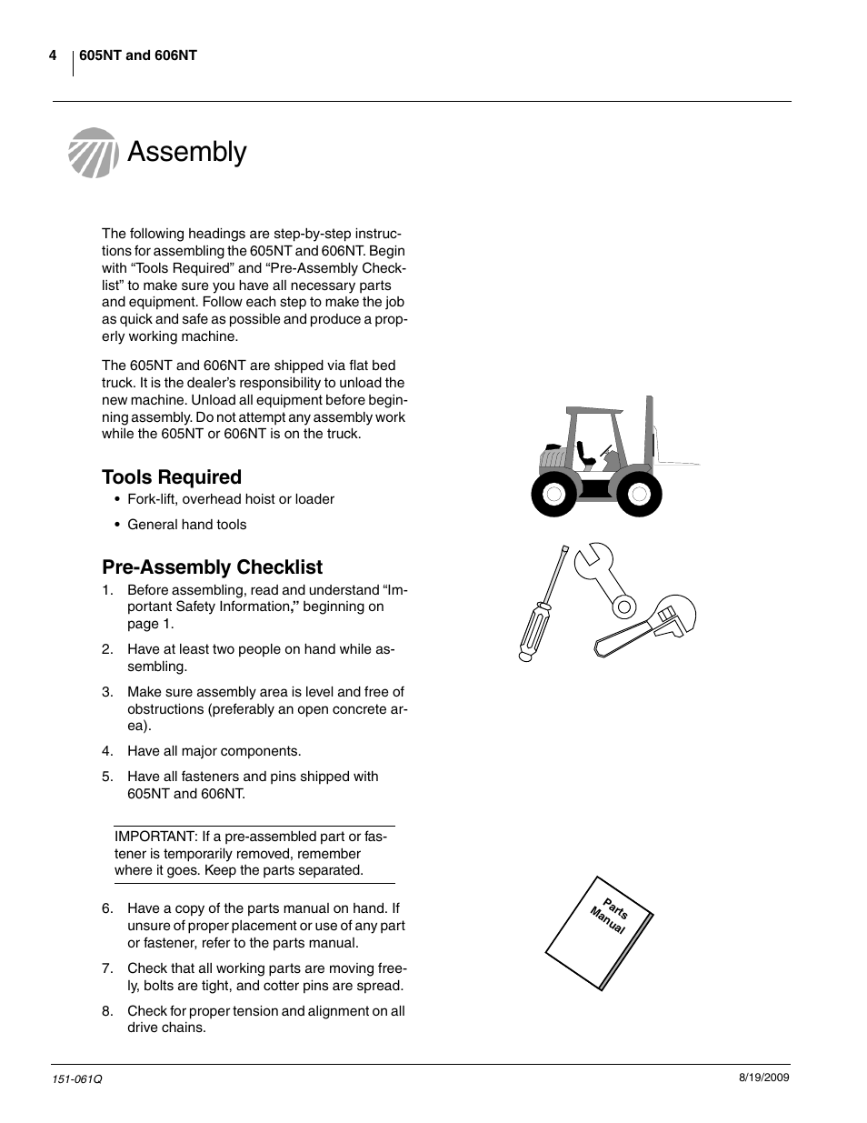 Assembly, Tools required, Pre-assembly checklist | Great Plains 606NT Predelivery Manual User Manual | Page 6 / 14