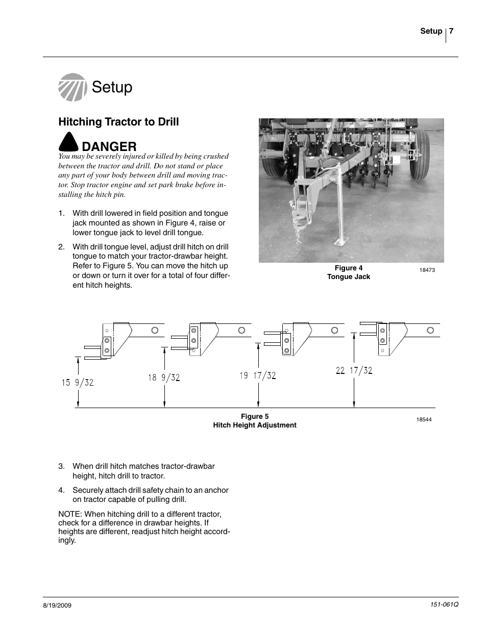 Setup, Danger, Hitching tractor to drill | Great Plains 606NT Predelivery Manual User Manual | Page 9 / 14