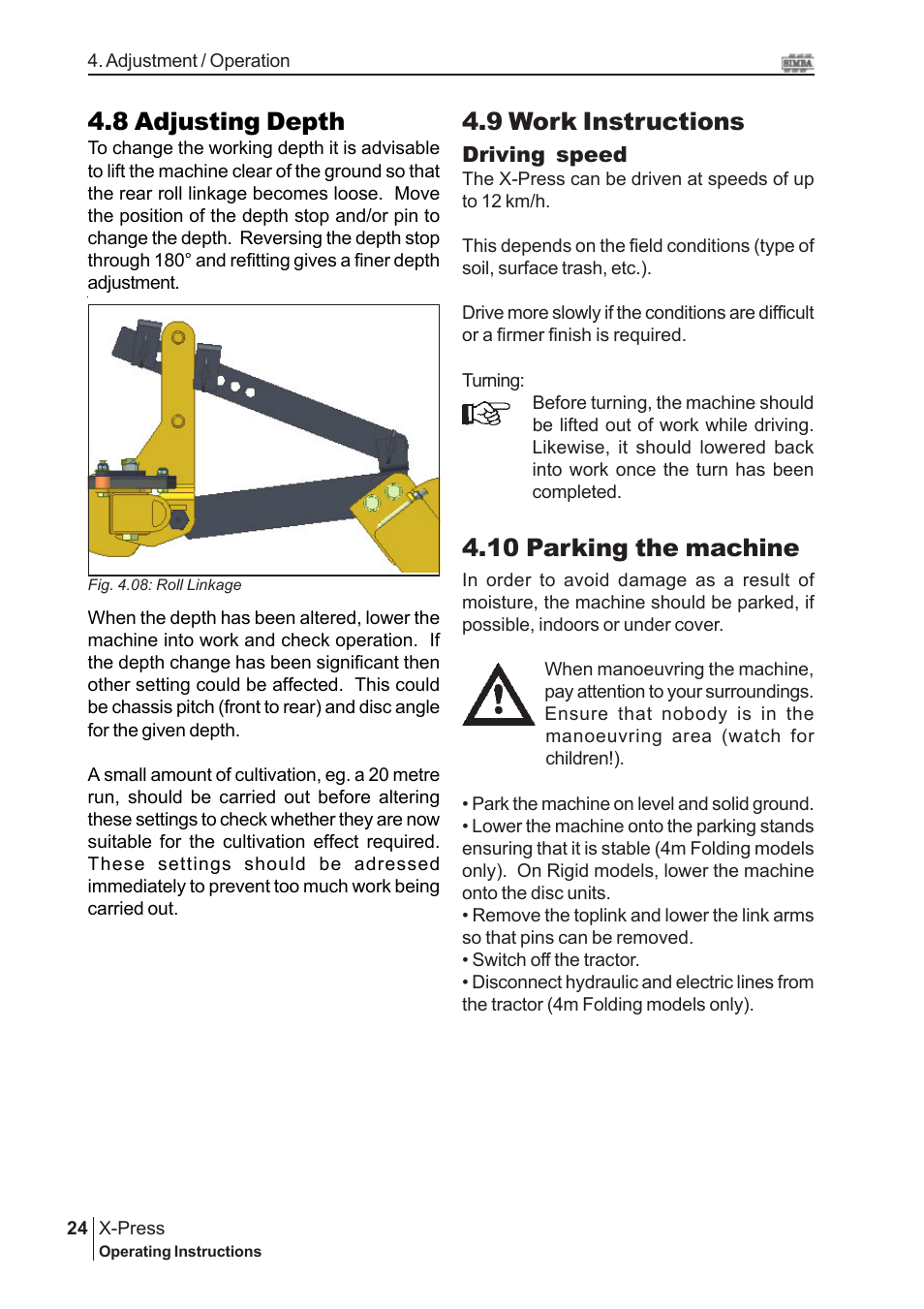 9 work instructions, 10 parking the machine, 8 adjusting depth | Great Plains P15843 Serial No 18007975 User Manual | Page 24 / 34