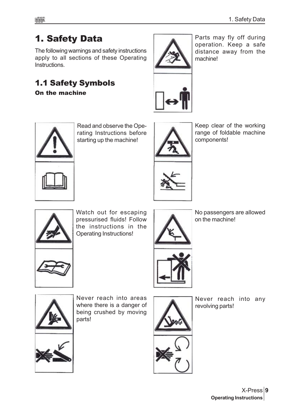 Safety data, 1 safety symbols | Great Plains P15843 Serial No 18007975 User Manual | Page 9 / 34