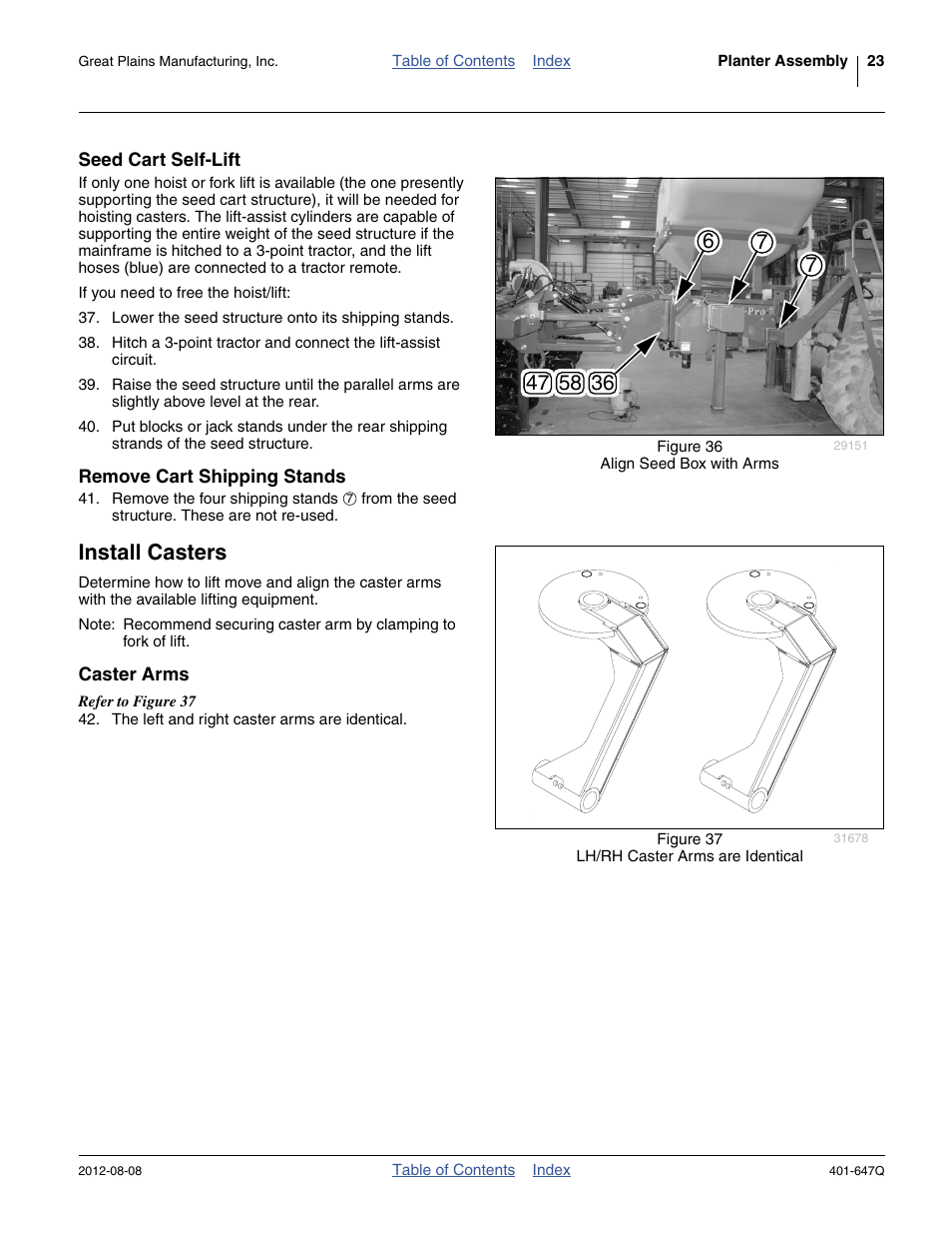 Seed cart self-lift, Remove cart shipping stands, Install casters | Caster arms, Seed cart self-lift remove cart shipping stands | Great Plains 3PYPA Predelivery Manual User Manual | Page 27 / 88