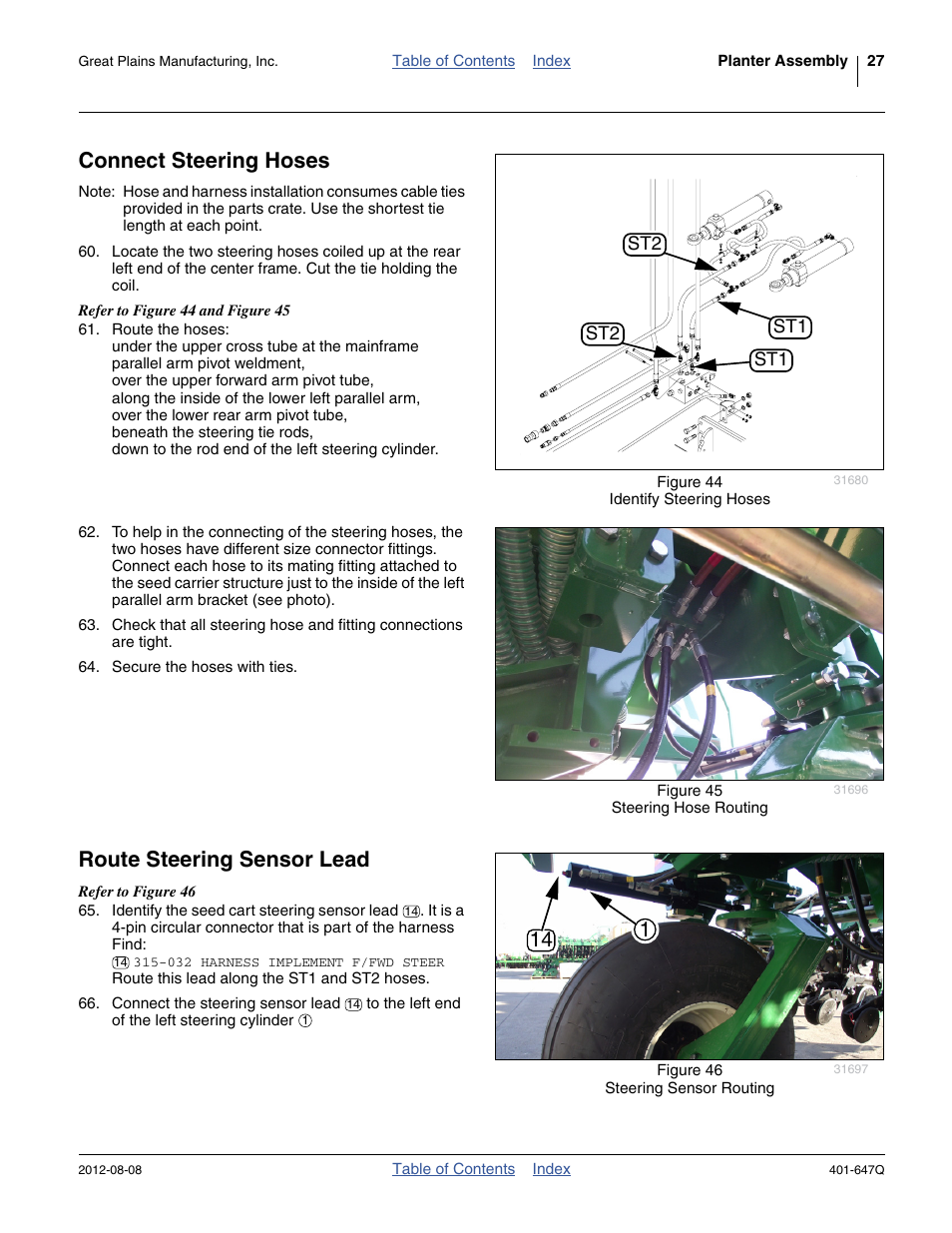 Connect steering hoses, Route steering sensor lead, Connect steering hoses route steering sensor lead | Great Plains 3PYPA Predelivery Manual User Manual | Page 31 / 88