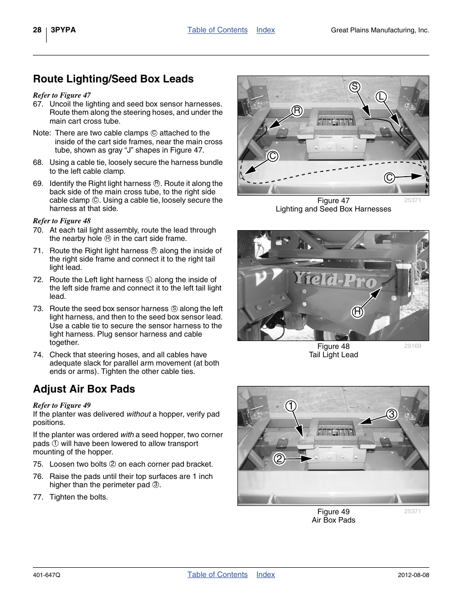 Route lighting/seed box leads, Adjust air box pads, Route lighting/seed box leads adjust air box pads | Great Plains 3PYPA Predelivery Manual User Manual | Page 32 / 88