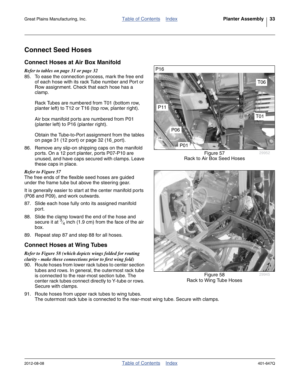 Connect seed hoses, Connect hoses at air box manifold, Connect hoses at wing tubes | Great Plains 3PYPA Predelivery Manual User Manual | Page 37 / 88
