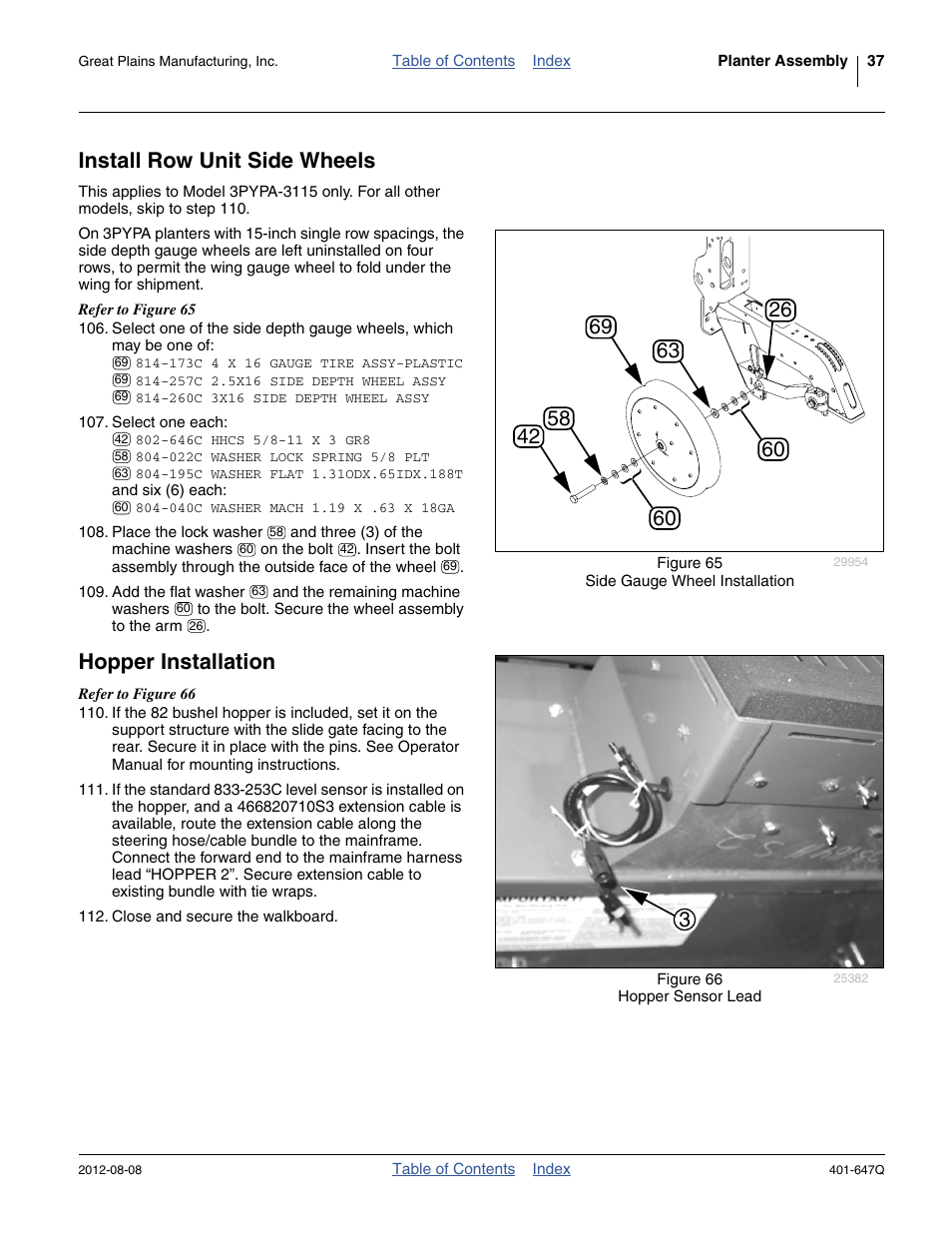 Install row unit side wheels, Hopper installation, Install row unit side wheels hopper installation | Great Plains 3PYPA Predelivery Manual User Manual | Page 41 / 88
