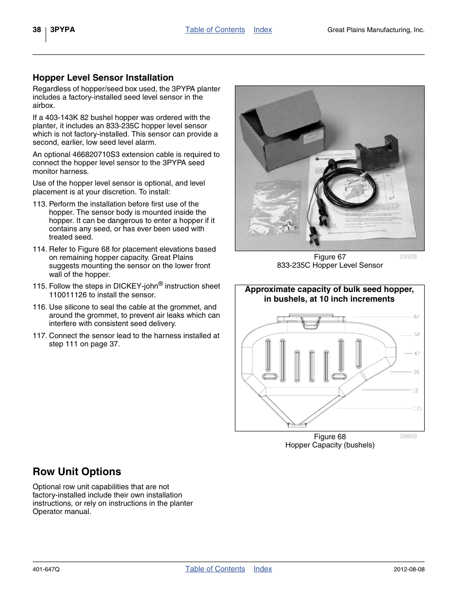 Hopper level sensor installation, Row unit options | Great Plains 3PYPA Predelivery Manual User Manual | Page 42 / 88