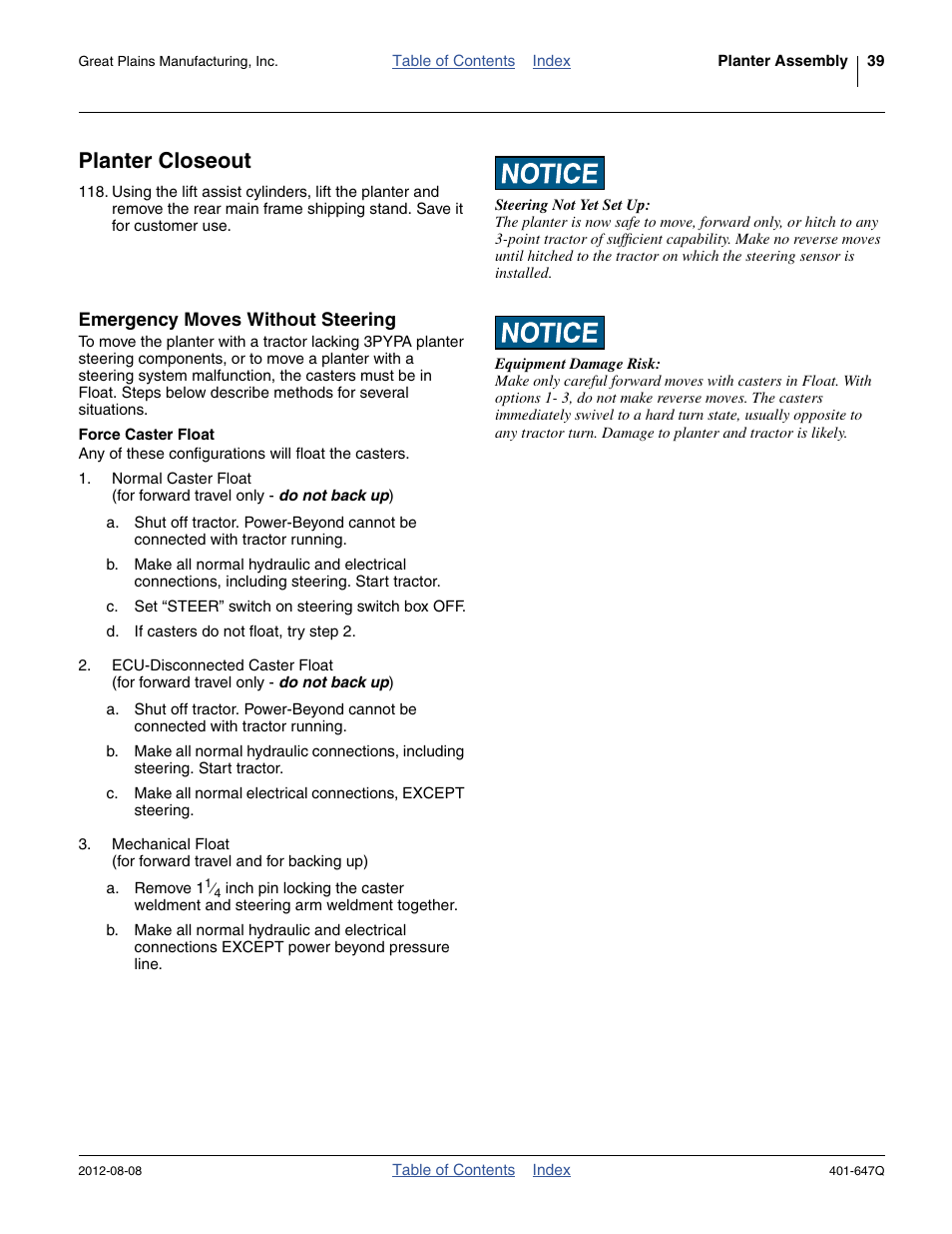 Planter closeout, Emergency moves without steering, Force caster float | Great Plains 3PYPA Predelivery Manual User Manual | Page 43 / 88