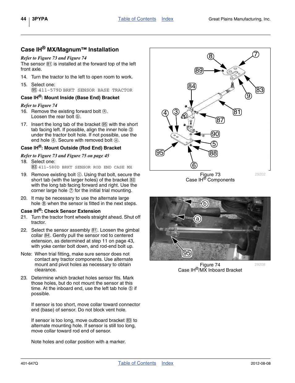 Case ih® mx/magnum™ installation, Case ih®: mount inside (base end) bracket, Case ih®: mount outside (rod end) bracket | Case ih®: check sensor extension, Case ih, Skip to “ case ih | Great Plains 3PYPA Predelivery Manual User Manual | Page 48 / 88