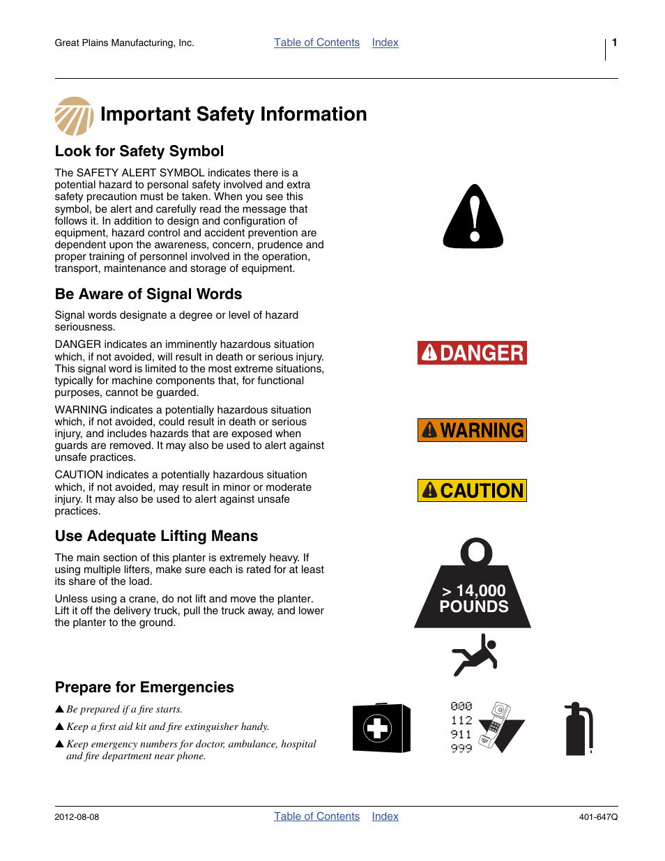 Important safety information, Look for safety symbol, Be aware of signal words | Use adequate lifting means, Prepare for emergencies | Great Plains 3PYPA Predelivery Manual User Manual | Page 5 / 88