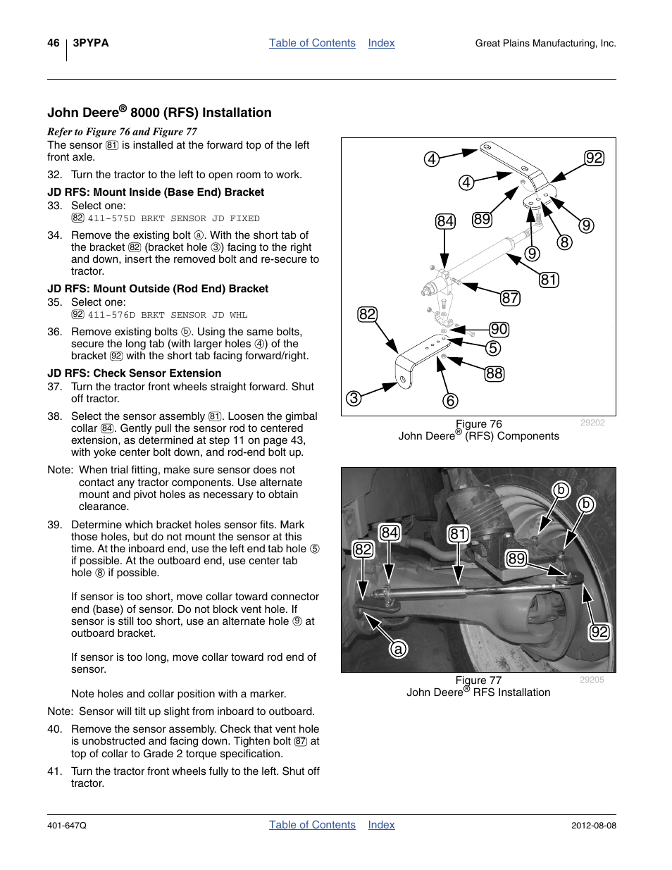 John deere® 8000 (rfs) installation, Jd rfs: mount inside (base end) bracket, Jd rfs: mount outside (rod end) bracket | Jd rfs: check sensor extension, John deere, Skip to “ john deere | Great Plains 3PYPA Predelivery Manual User Manual | Page 50 / 88