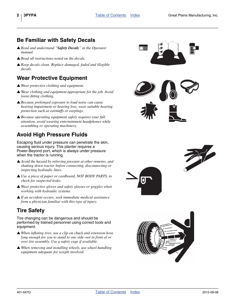 Be familiar with safety decals, Wear protective equipment, Avoid high pressure fluids | Tire safety | Great Plains 3PYPA Predelivery Manual User Manual | Page 6 / 88