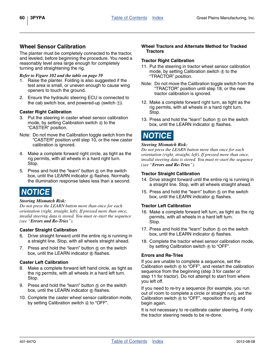 Wheel sensor calibration, Caster right calibration, Caster straight calibration | Caster left calibration, Tractor right calibration, Tractor straight calibration, Tractor left calibration, Errors and re-tries, Wheel tractors and alternate method for tracked, Tractors | Great Plains 3PYPA Predelivery Manual User Manual | Page 64 / 88