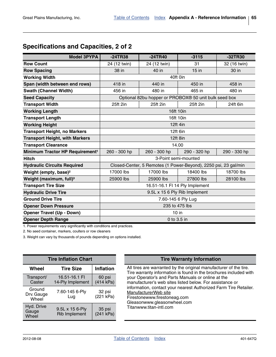 Specifications and capacities, 2 of 2, Tire inflation chart, See “ tire inflation chart ” on | Great Plains 3PYPA Predelivery Manual User Manual | Page 69 / 88