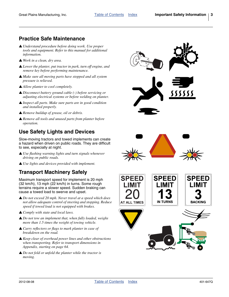 Practice safe maintenance, Use safety lights and devices, Transport machinery safely | Great Plains 3PYPA Predelivery Manual User Manual | Page 7 / 88
