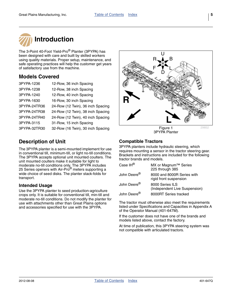 Introduction, Models covered, Description of unit | Intended usage, Compatible tractors, Introduction models covered description of unit, Models covered description of unit | Great Plains 3PYPA Predelivery Manual User Manual | Page 9 / 88