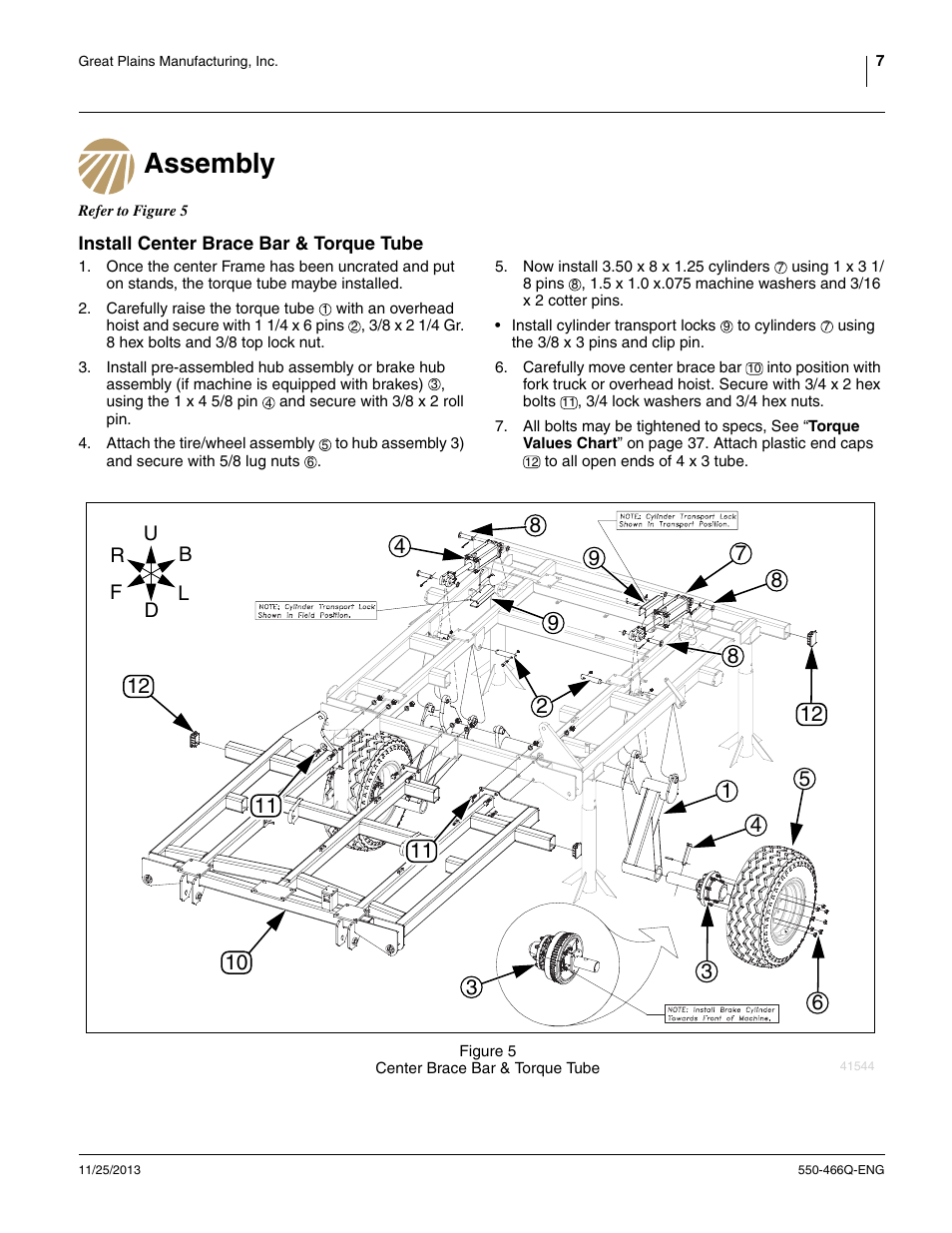 Assembly, Install center brace bar & torque tube | Great Plains DVN8324 Assembly Manual User Manual | Page 11 / 74
