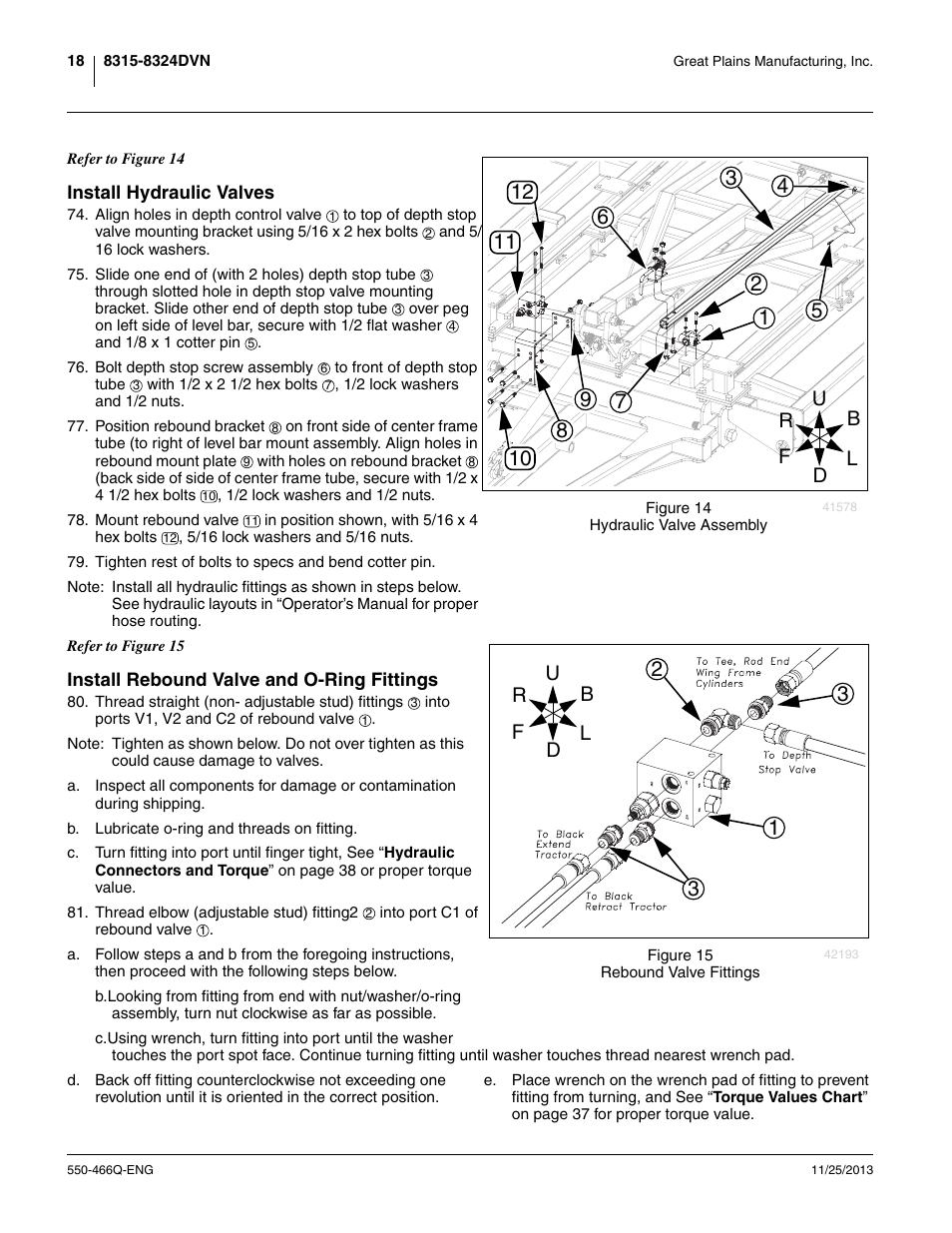 Install hydraulic valves, Install rebound valve and o-ring fittings | Great Plains DVN8324 Assembly Manual User Manual | Page 22 / 74