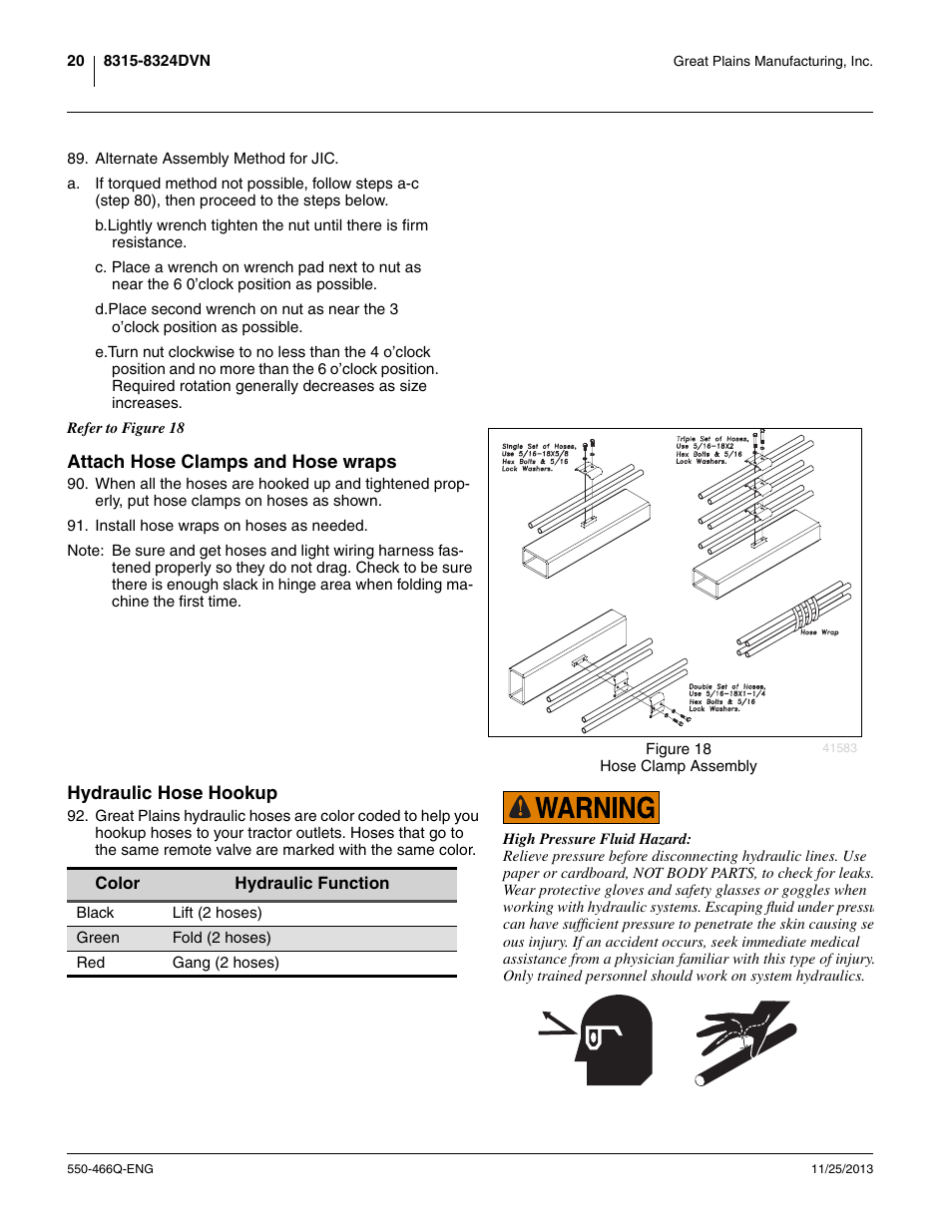 Attach hose clamps and hose wraps, Hydraulic hose hookup, See “ hydraulic hose | Great Plains DVN8324 Assembly Manual User Manual | Page 24 / 74