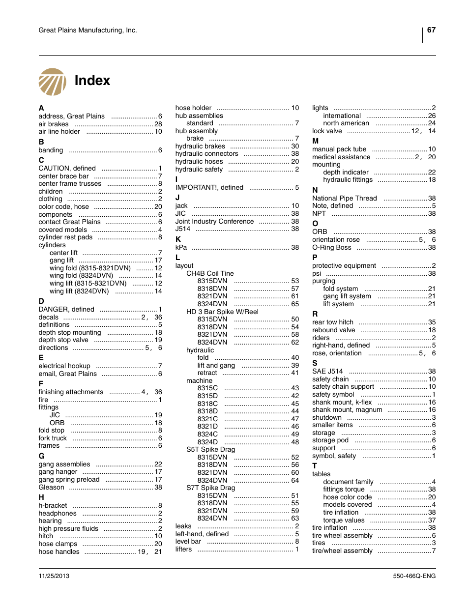 Index | Great Plains DVN8324 Assembly Manual User Manual | Page 71 / 74