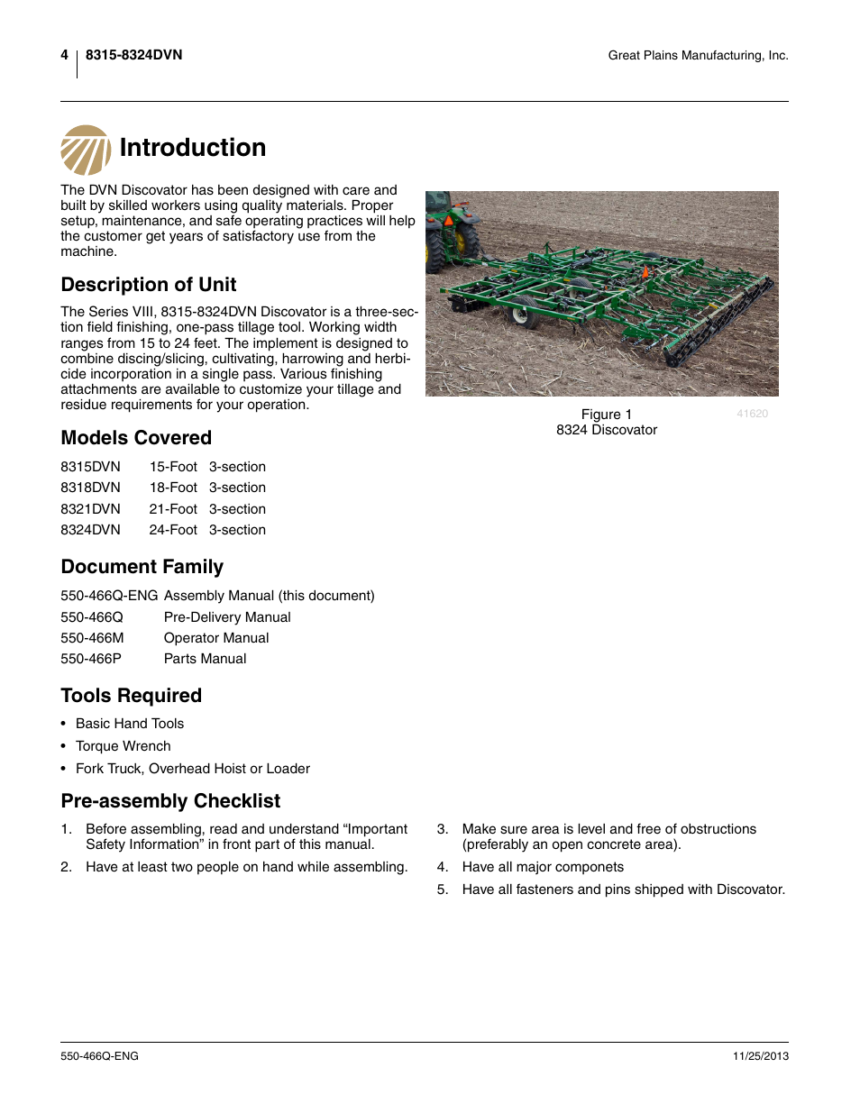 Introduction, Description of unit, Models covered | Document family, Tools required, Pre-assembly checklist, Models covered document family tools required | Great Plains DVN8324 Assembly Manual User Manual | Page 8 / 74