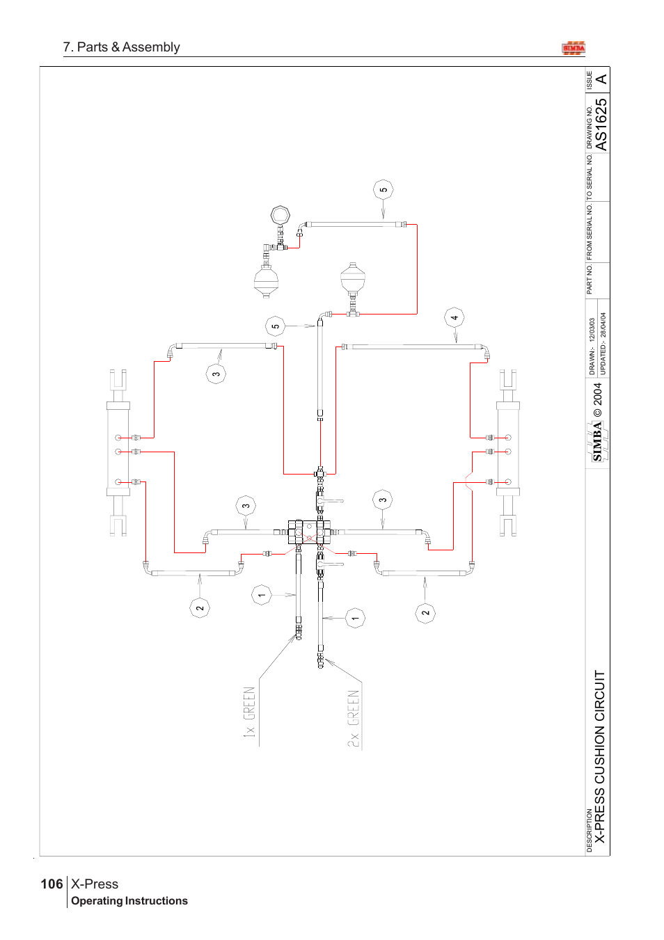 As 162 5 a, X-press, 106 7. parts & assembly | X-pr es s cus hi on ci rcui t, Operating instructions, Simba © 2 004 | Great Plains AS1600 Assembly Instructions User Manual | Page 64 / 66