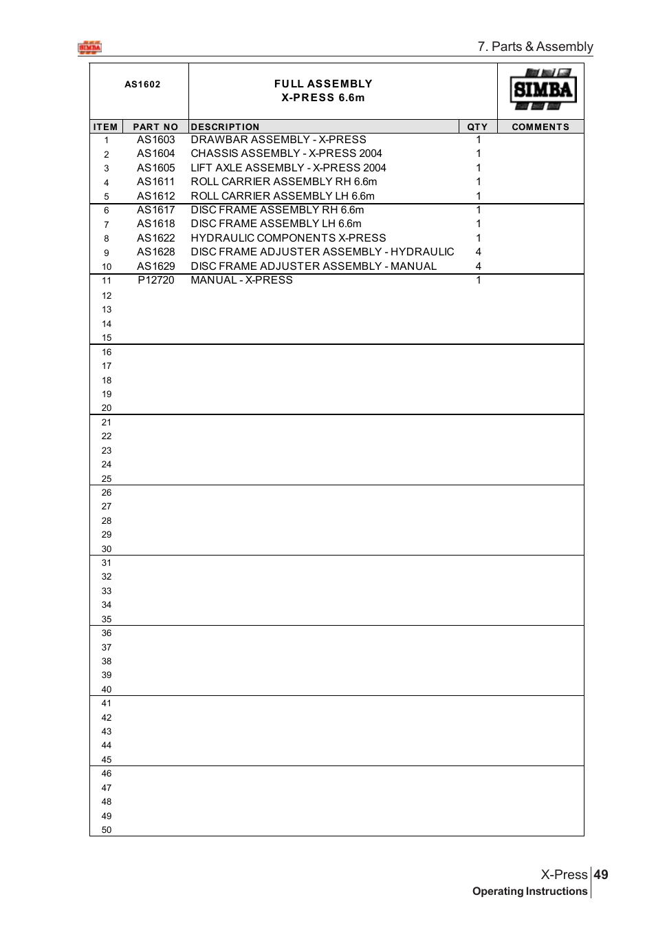 49 x-press, Parts & assembly | Great Plains AS1600 Assembly Instructions User Manual | Page 7 / 66