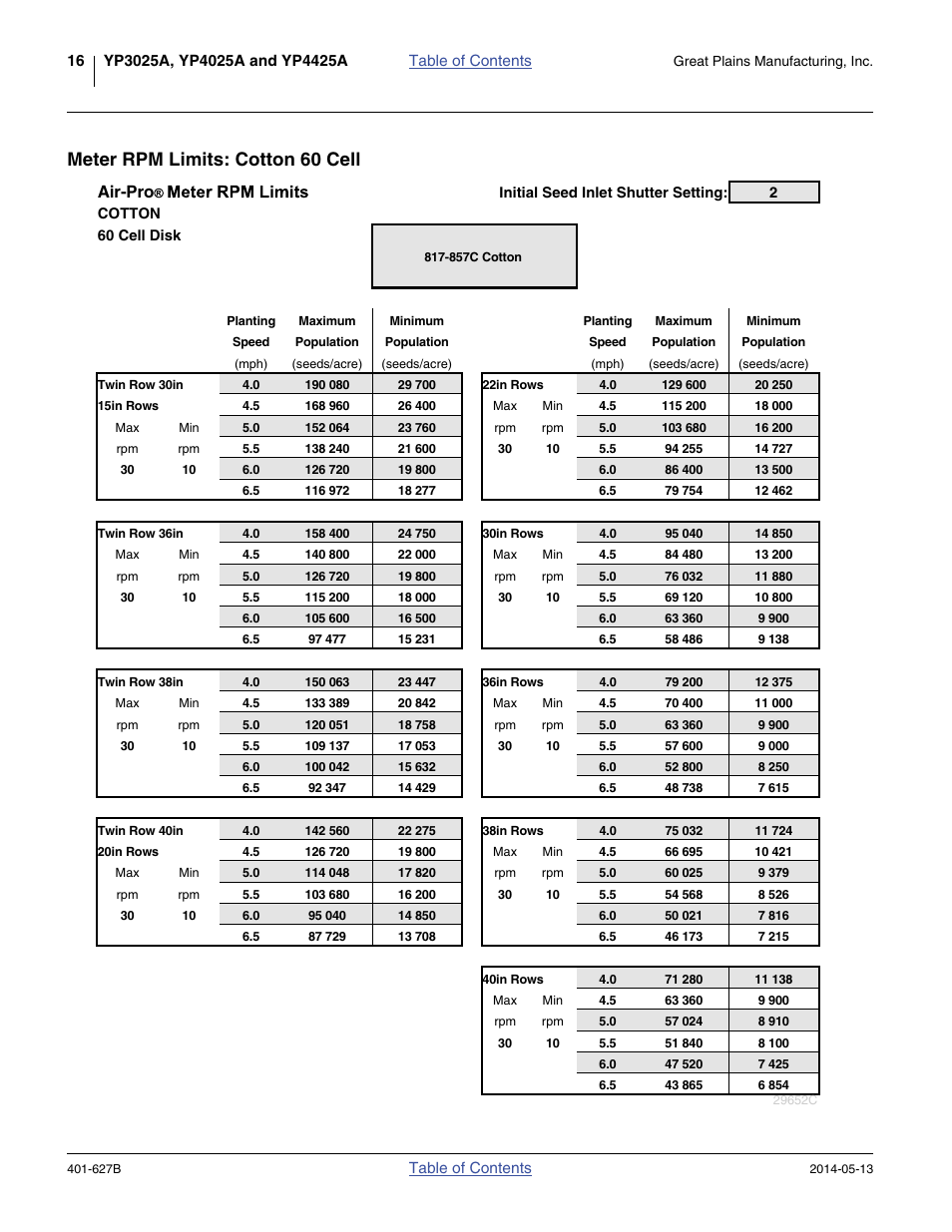 Meter rpm limits: cotton 60 cell, Air-pro | Great Plains YP4425A Material Rate User Manual | Page 20 / 84