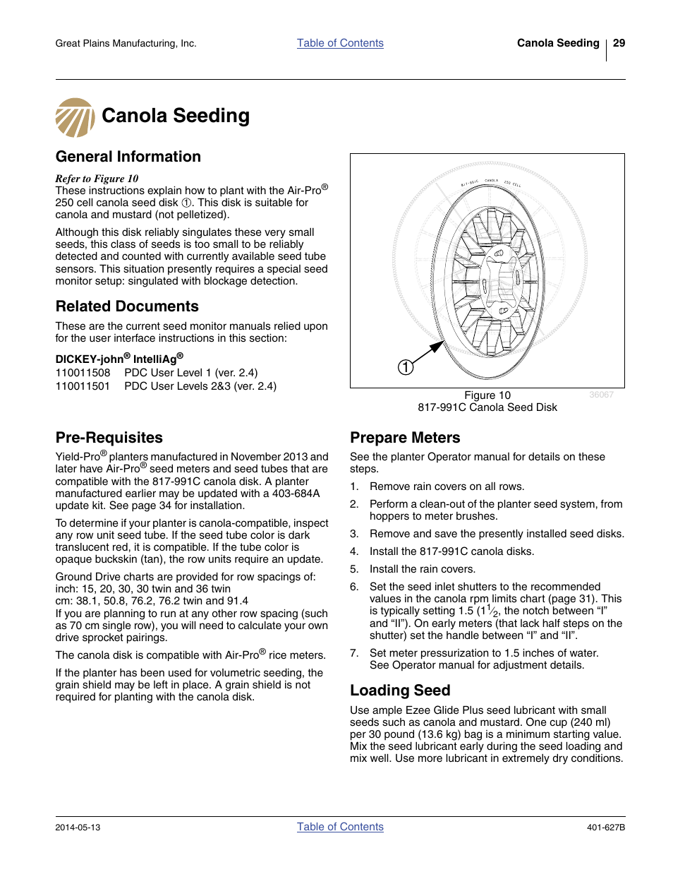Canola seeding, General information, Related documents | Dickey-john® intelliag, Pre-requisites, Prepare meters, Loading seed | Great Plains YP4425A Material Rate User Manual | Page 33 / 84