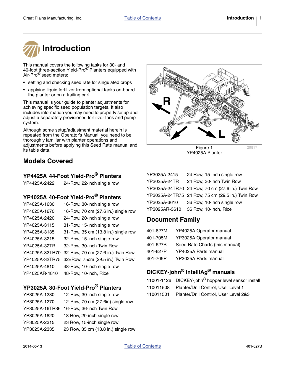 Introduction, Models covered, Yp4425a | Yp4025a, Yp3025a, Document family, Dickey-john® intelliag® manuals, Introduction models covered document family | Great Plains YP4425A Material Rate User Manual | Page 5 / 84
