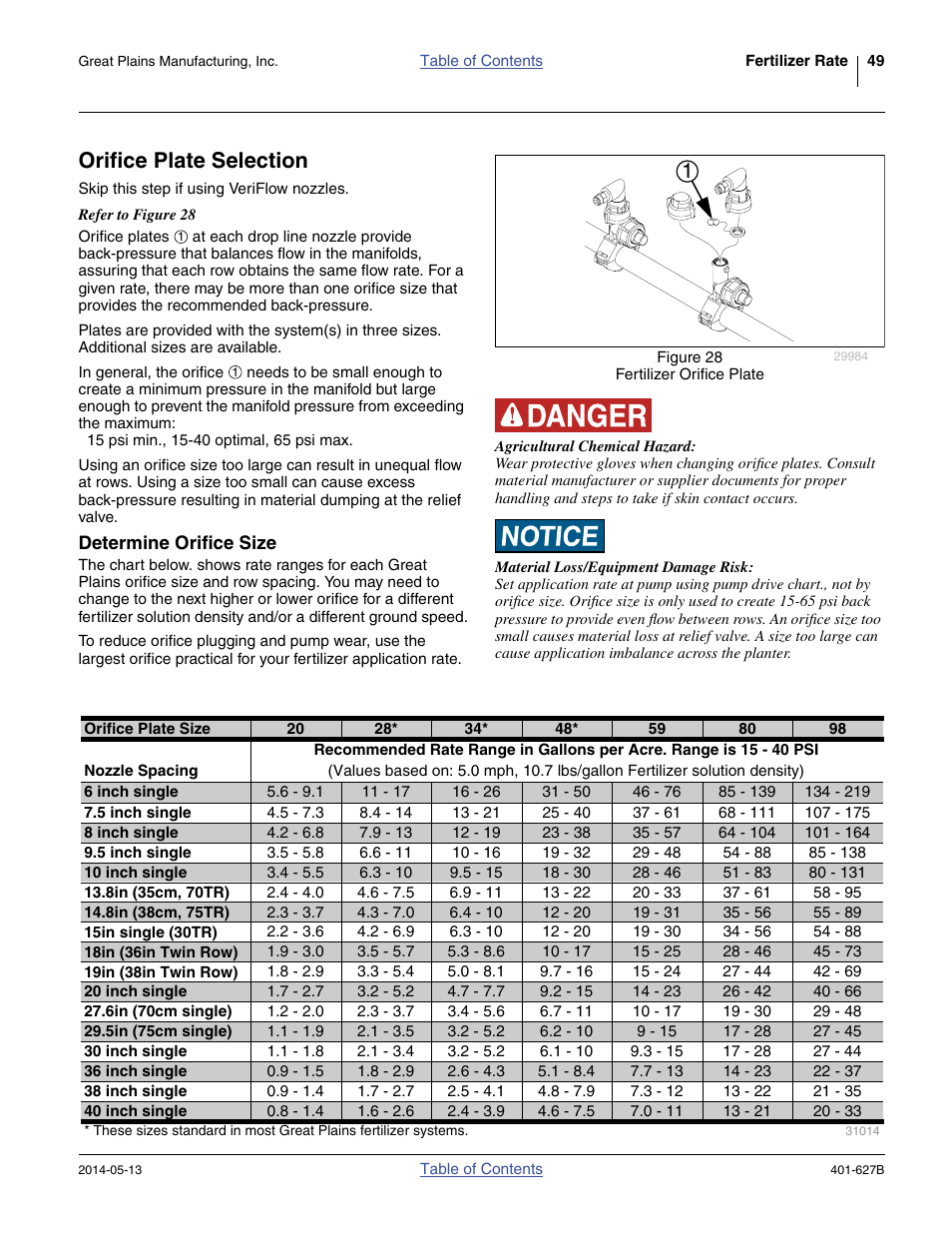 Orifice plate selection, Determine orifice size | Great Plains YP4425A Material Rate User Manual | Page 53 / 84