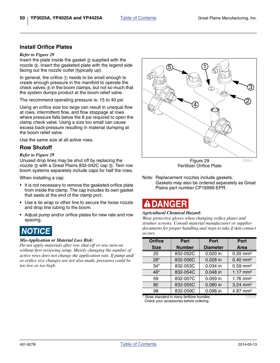 Install orifice plates, Row shutoff, Install orifice plates row shutoff | Great Plains YP4425A Material Rate User Manual | Page 54 / 84