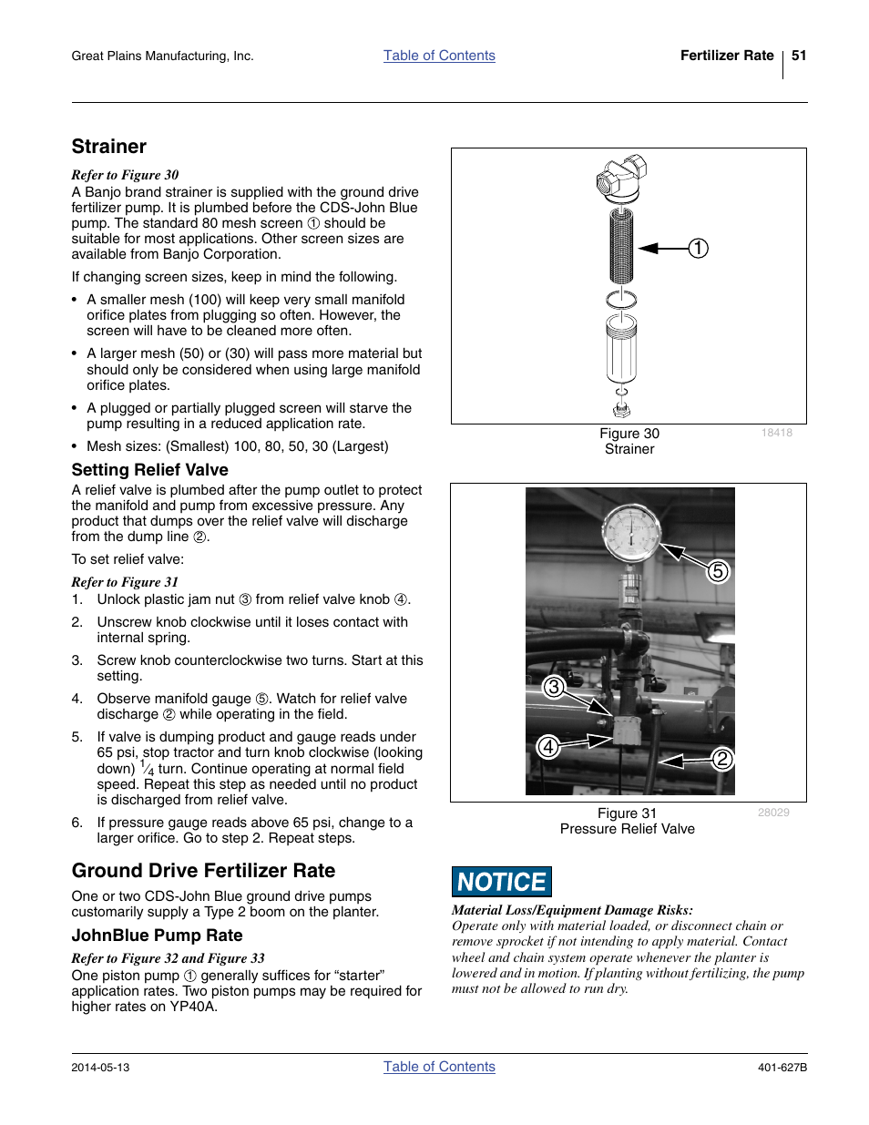 Strainer, Setting relief valve, Ground drive fertilizer rate | Johnblue pump rate | Great Plains YP4425A Material Rate User Manual | Page 55 / 84
