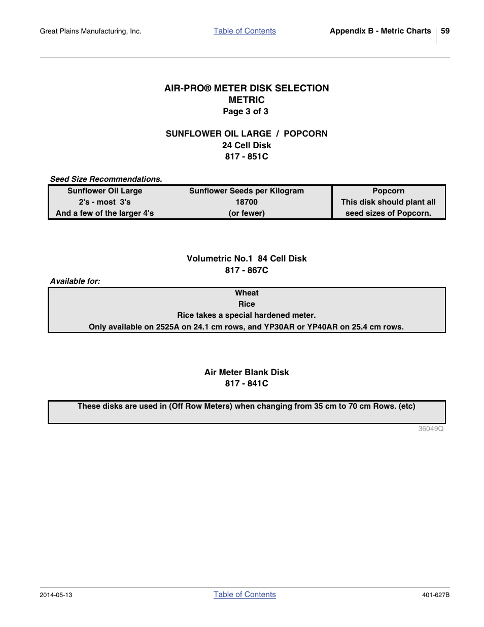 Recommended seed disks, metric (3 of 3) | Great Plains YP4425A Material Rate User Manual | Page 63 / 84