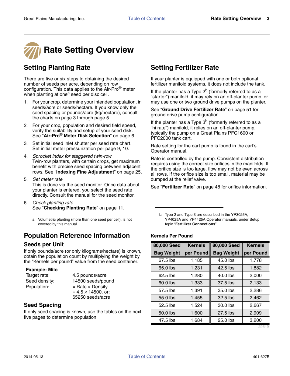 Rate setting overview, Setting planting rate, Setting fertilizer rate | Population reference information, Kernels per pound, Seeds per unit, Seed spacing, Seeds per unit seed spacing | Great Plains YP4425A Material Rate User Manual | Page 7 / 84