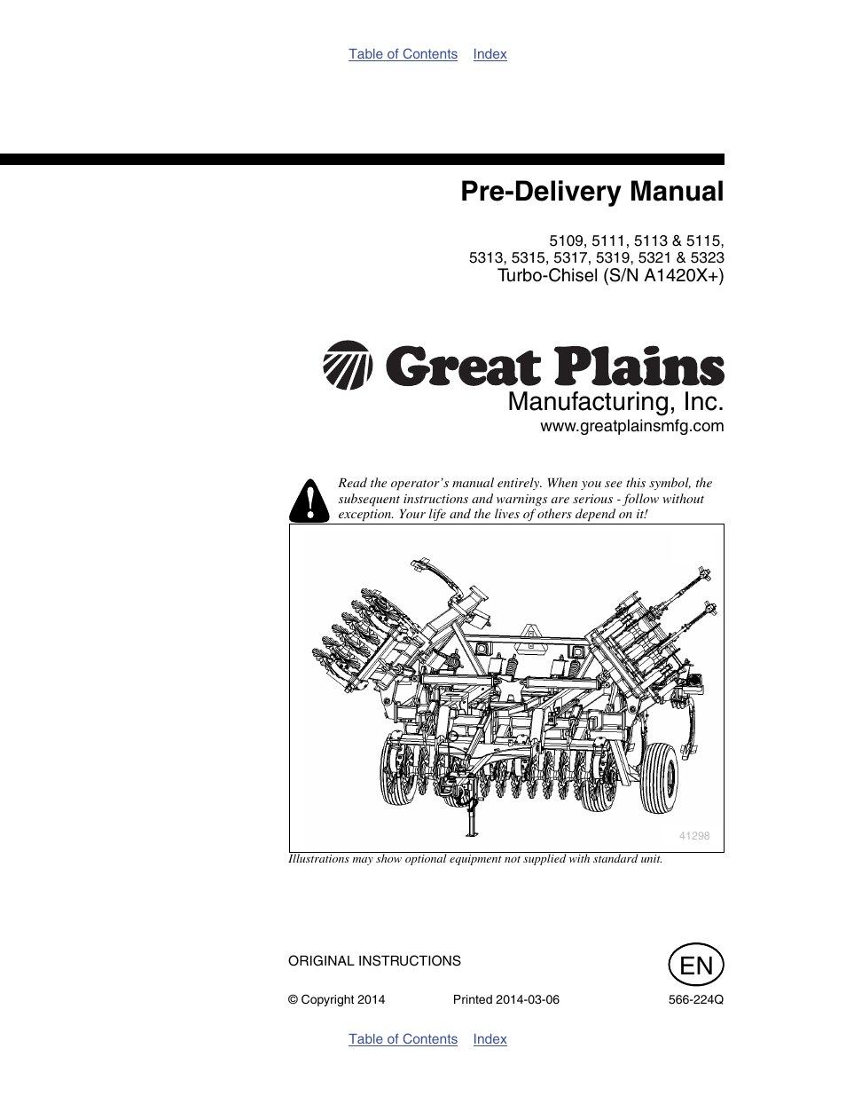 Great Plains TC5319 (S/N A1420X+) Predelivery Manual User Manual | 64 pages