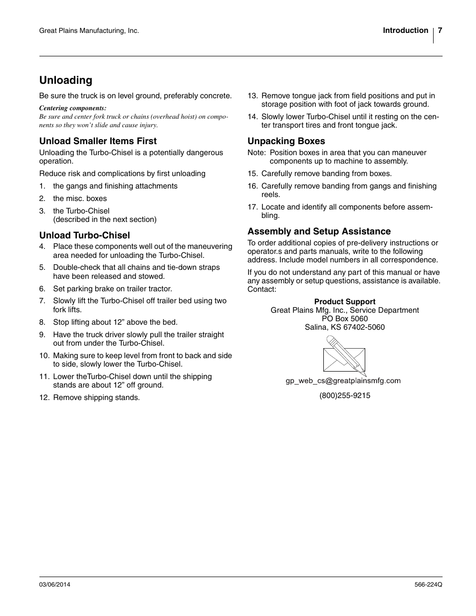Unloading, Unload smaller items first, Unload turbo-chisel | Unpacking boxes, Assembly and setup assistance | Great Plains TC5319 (S/N A1420X+) Predelivery Manual User Manual | Page 11 / 64